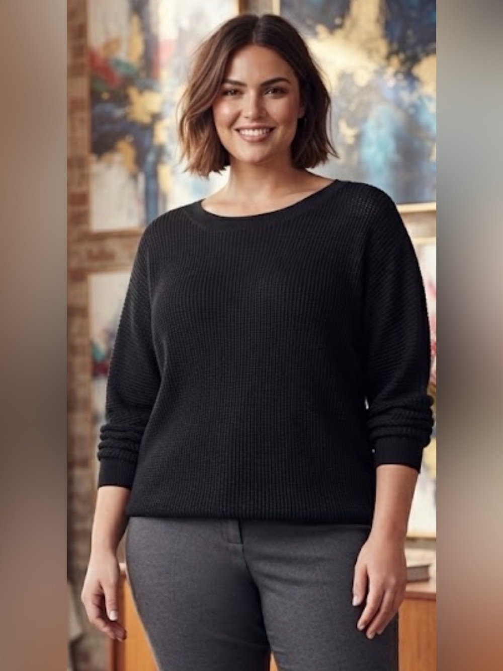 Ricki's - Black Ribbed Open Knit Crew Neck Sweater